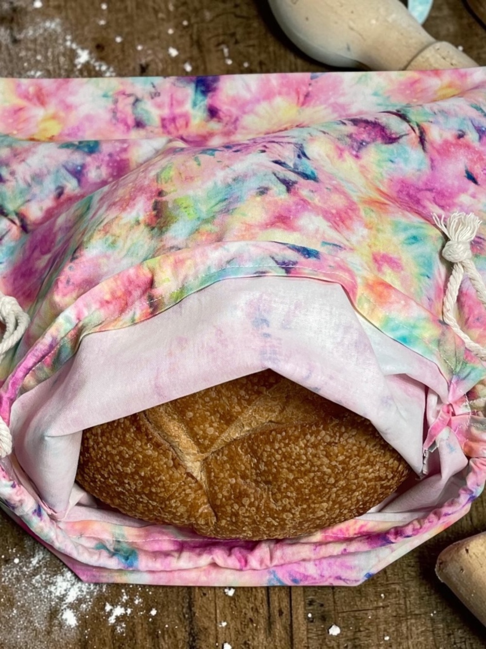 Pink Tie Dye Cotton Bread Bag | Reusable Sourdough Storage Bag | Drawstring Bag